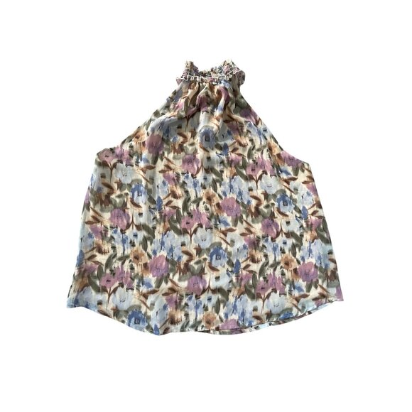 Kylie Paige Top Size Large Halter Floral Watercolor Sleeveless Smocked Neck Boho - Picture 2 of 7
